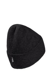Berretto in maglia nera con texture a coste, punta appuntita e un piccolo patch con logo sul lato. Tessuto morbido per il caldo.