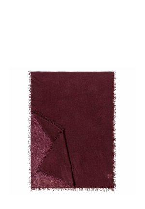 Burgundy blanket with frayed edges, made of soft fabric. One side features a lighter shade, while the reverse is a deeper hue.