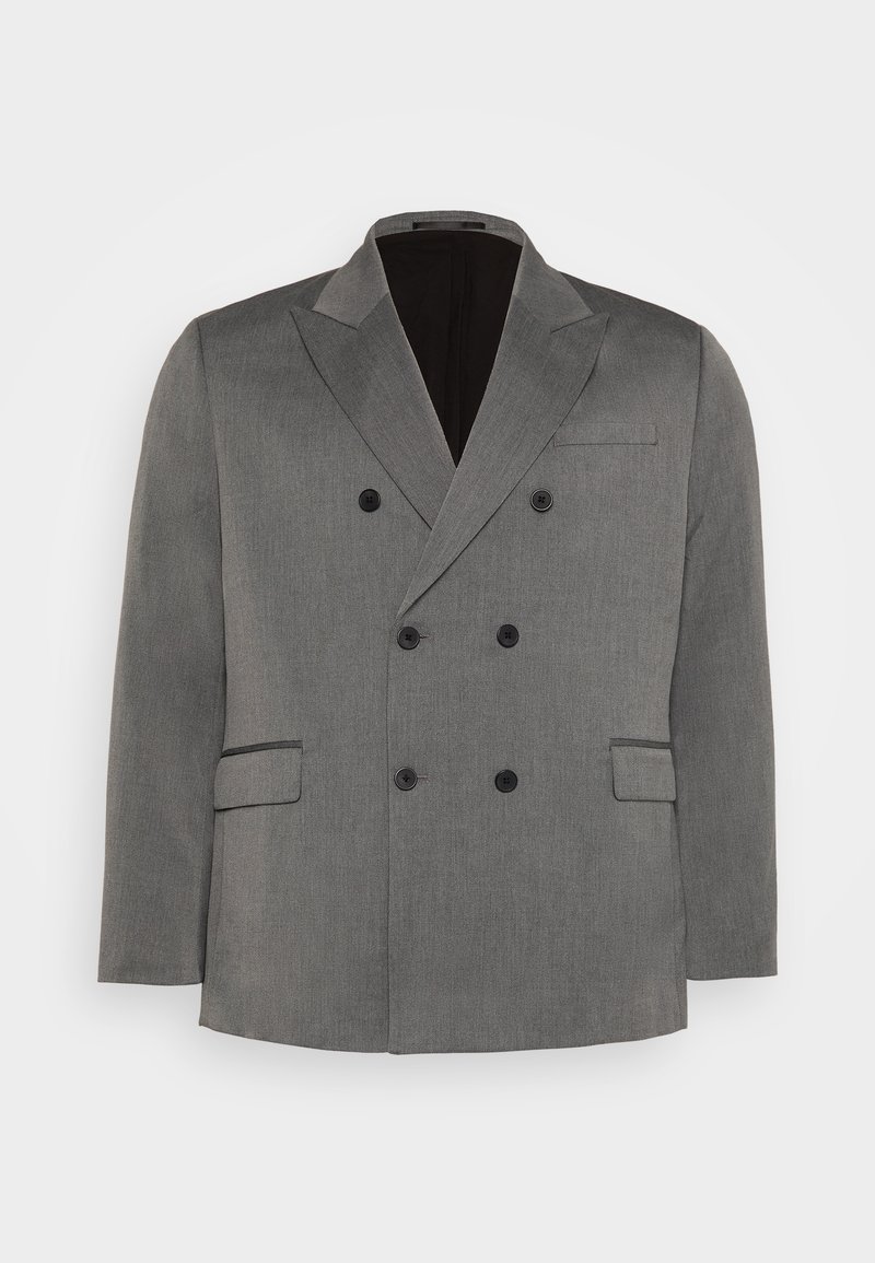Dubbelknäppt grå blazer i strukturerat tyg, med svarta knappar, snedställda slag, två framfickor och en elegant inre foder.