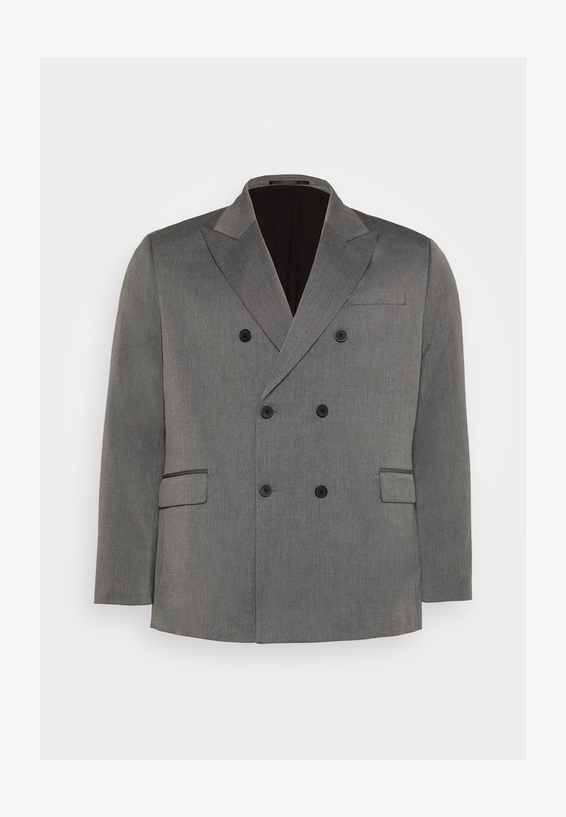 Grijs dubbelzijdig blazer gemaakt van textuurstof, met zwarte knopen, noterige revers, twee voorzakken en een slanke binnenvoering.