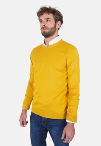 Maglione giallo lavorato a maglia con scollo a V, polsini a coste e design leggermente aderente, abbinato a jeans blu. Tessuto strutturato e colore pieno.