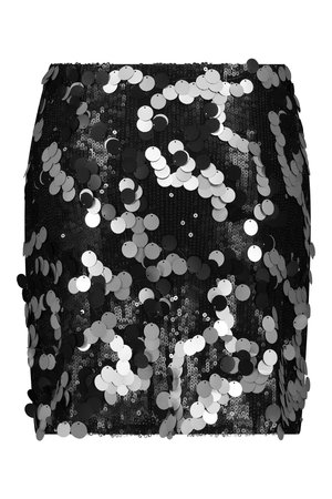 Mini falda de lentejuelas negras decorada con lentejuelas circulares plateadas y blancas en un patrón disperso, con un diseño ajustado y textura suave.