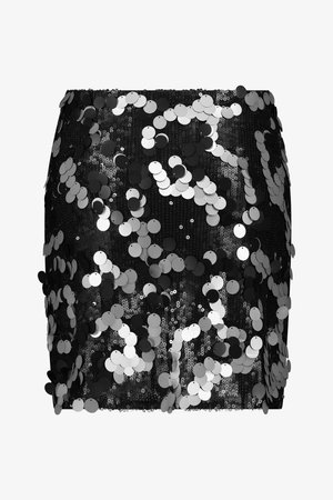 Mini falda de lentejuelas negras decorada con lentejuelas circulares plateadas y blancas en un patrón disperso, con un diseño ajustado y textura suave.