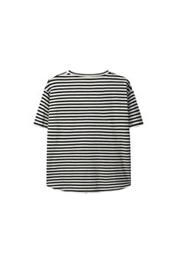 T-shirt à rayures à manches courtes en noir et blanc. Dispose d'un col rond et d'une coupe décontractée avec un ourlet légèrement incurvé. Texture de tissu douce.