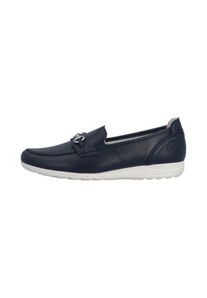 Sort læder slip-on loafer med hvid sål og sølvspænde på overdelen, vist i profil på hvid baggrund.