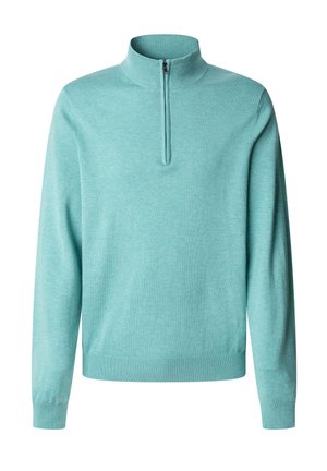 Maglione turchese chiaro con colletto mezza zip, polsini e orlo a coste, realizzato in materiale morbido. Design semplice con una texture liscia.