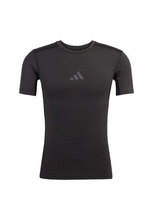 Zwarte sportieve shirt gemaakt van rekbare stof. Heeft korte mouwen en een ronde halslijn. Een subtiel logo is op de borst gedrukt.