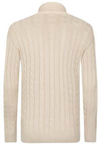 Beige stickad tröja med hög krage, med ett kabelstickat mönster och ribbade ärmslut. Designen inkluderar vertikala ränder med texturerade detaljer.