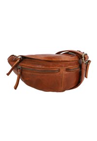 Brown leather waist bag with two front zippered compartments and adjustable buckle strap on a white background.