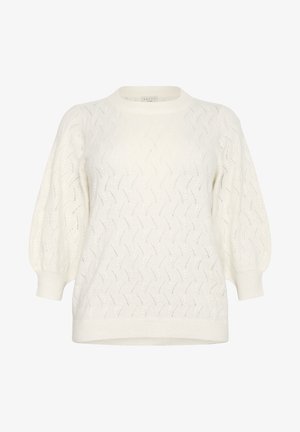 Weißer Strickpullover mit einem strukturierten Zickzackmuster, Ballonärmeln und einem gerippten Ausschnitt sowie Saum. Weiches Material mit lockerer Passform.