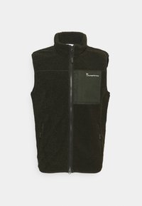 Fleeceväst i mörkgrön med hög krage, framdragkedja och en bröstficka i enfärgad grön. Har sidofickor med dragkedjor.