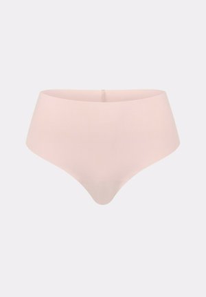 Nahtlose, hautfarbene Unterwäsche mit hoher Taille, glatter Oberfläche und leicht V-förmigem Frontausschnitt.