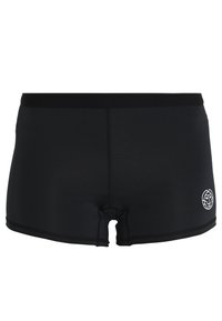 Svarta badbyxor, tillverkade av stretchigt material. Har en slät midjeresår och en liten logotyp på nedre högra sidan. Enkel design, utan mönster.