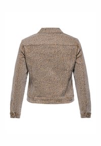 Akrila džinsus jaka ar leoparda rakstu tan krāsā ar tumšiem plankumiem, ar klasisko apkakli, pogu aizdari un garām piedurknēm, priekšā un aizmugurē ar jostveida šuvēm.