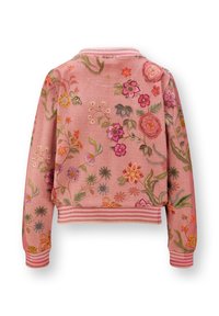 Pink embroidered bomber jacket featuring floral patterns, ribbed cuffs, and striped hem. Soft material with detailed stitching throughout.
