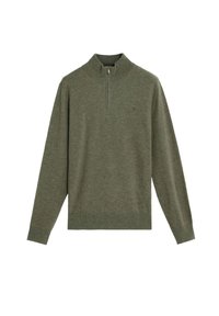 Suéter de manga larga verde oliva para hombre con media cremallera y puños, cuello y dobladillo acanalados, expuesto sobre un fondo blanco.