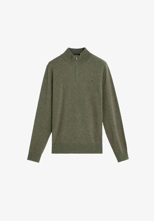Men’s long-sleeve olive green sweater with half-zip and ribbed cuffs, collar, and hem, displayed on a white background.