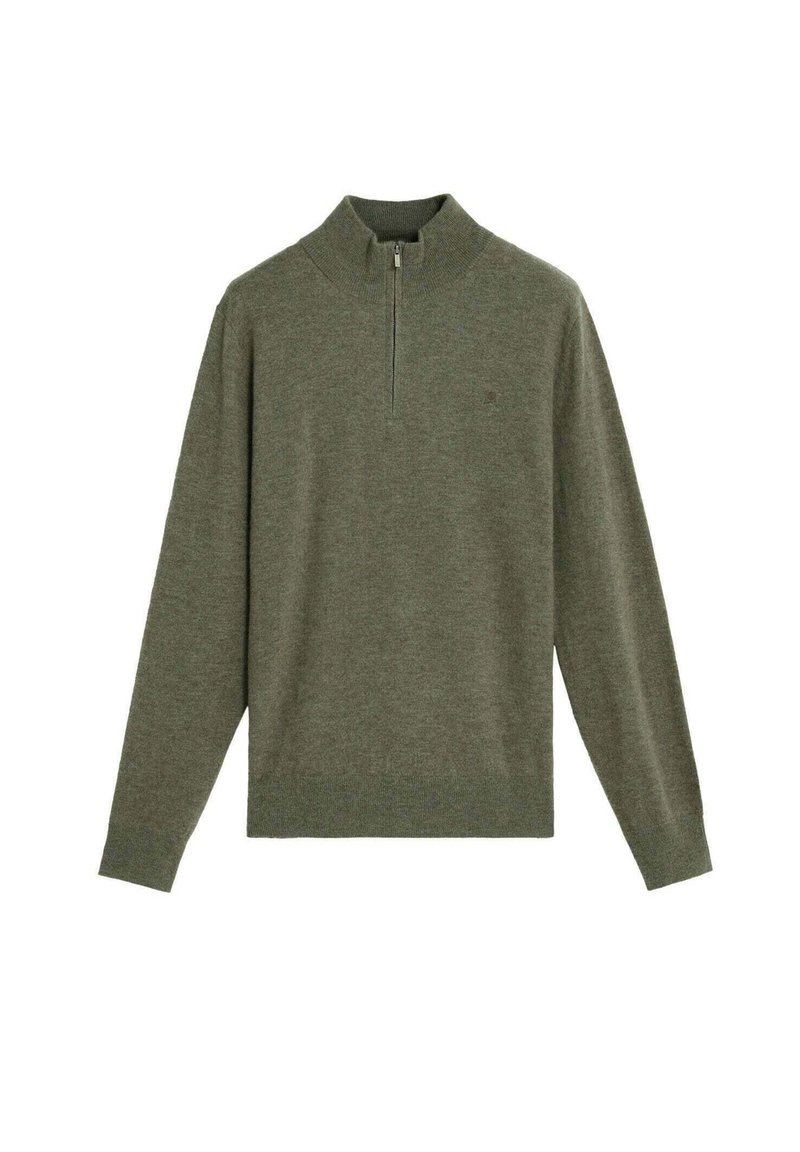 Suéter de manga larga verde oliva para hombre con media cremallera y puños, cuello y dobladillo acanalados, expuesto sobre un fondo blanco.