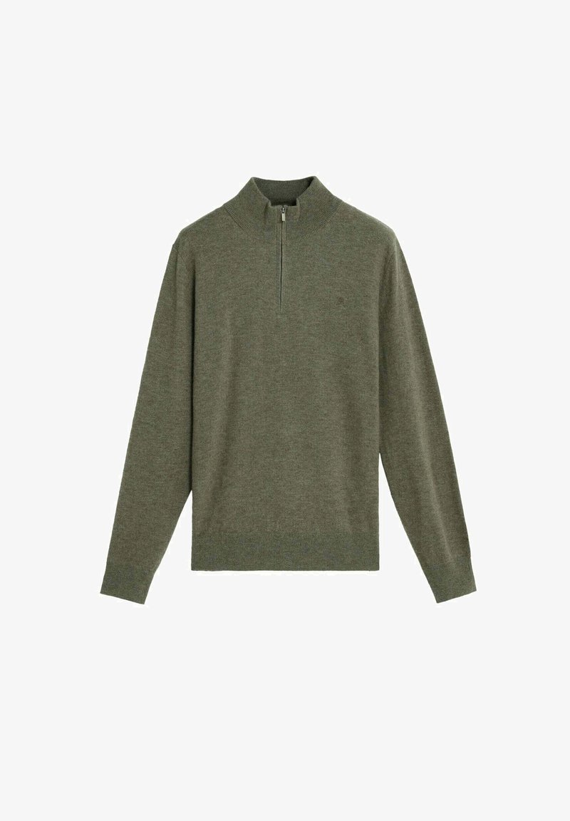 Pull à manches longues vert olive pour homme avec fermeture éclair demi-longueur, et poignets, col et ourlet côtelés, présenté sur un fond blanc.