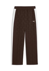 Σκούρο καφέ παντελόνι φόρμας με λευκές πλευρικές ρίγες και διακριτικό μοτίβο, με ελαστική μέση και λευκό λογότυπο Puma στο δεξί μηρό.