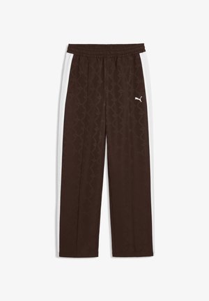 Mørkebrune træningsbukser med hvide sidelommer med striber og et diskret mønster, udstyret med elastisk taljebånd og en hvid Puma-logo på højre lår.