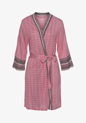 Pink patterned robe featuring diamond shapes, long sleeves with striped accents, a tie waist, and a soft, textured fabric.