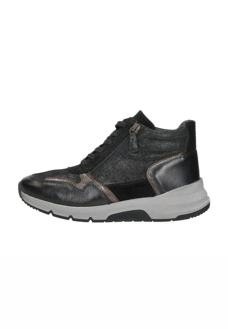 Hoge sneakers met zwart leer en textuur grijze accenten. Rits sluiting aan de zijkant, dikke witte zool en ronde neus.