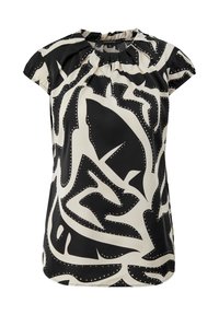 Blouse à manches courtes avec motif abstrait de feuilles noir et blanc et petits accents pointillés, col rond avec fronces légères.