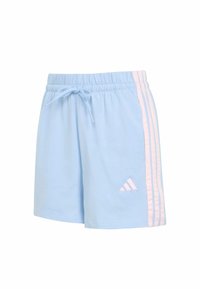 Svijetloplave atletske kratke hlače od mekog materijala, sa strukom na uže i ružičastim trostrukim naglascima duž bočnih strana.