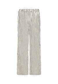 Pantalon blanc à jambes larges avec fines rayures noires verticales et taille élastique avec fermeture éclair latérale.
