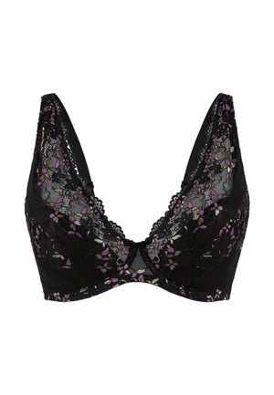 Soutien-gorge en dentelle noire avec broderie florale en violet et vert. Présente un design en V et des bords festonnés. Comprend des bretelles réglables.