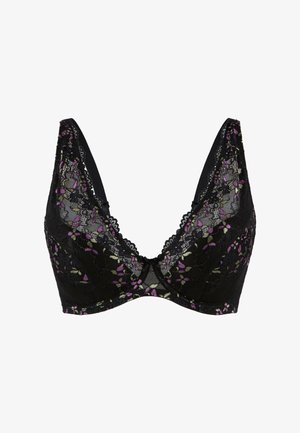 Soutien-gorge en dentelle noire avec broderie florale en violet et vert. Présente un design en V et des bords festonnés. Comprend des bretelles réglables.