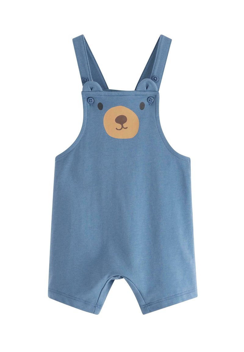 Blaue Baumwoll-Overalls mit Bärenkopf-Print, Druckknöpfen an den Trägern und kurzen Beinen. Glatte Textur mit verspielten Designelementen.