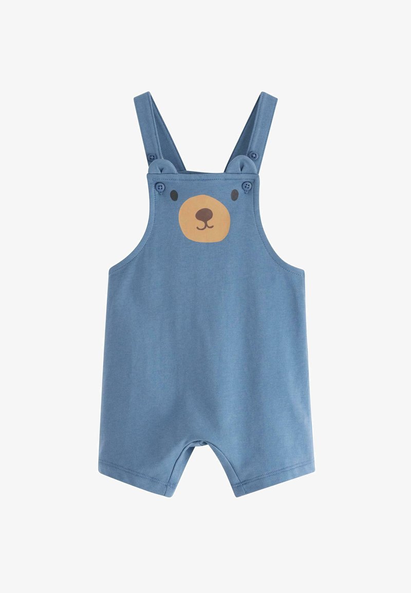 Blue cotton dungarees featuring bear face print, snap buttons on straps, and short legs. Smooth texture with playful design elements.