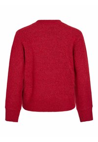 Crvena pletena majica sa okruglim izrezom, rebrastim manžetama i pojasom. Ima mekanu teksturu i opušten kroj, s glatkim, živopisnim završetkom.