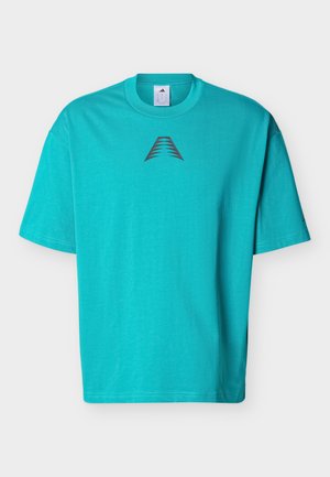 Turquoise short-sleeve crew neck t-shirt with a black abstract triangular logo centered below the neckline.