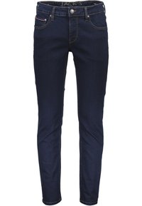 Ciemnoniebieskie dżinsy o slim fit, z pięcioma kieszeniami, kontrastowym przeszyciem oraz metalowym zapięciem na guzik w talii.