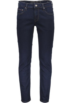 Dunkelblaue Denim-Jeans mit schmaler Passform, ausgestattet mit fünf Taschen, kontrastierenden Nähten und einem Metallknopfverschluss am Taillenbund.