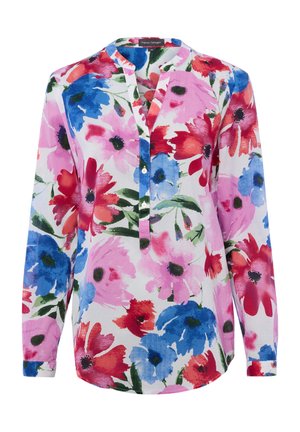 Damska bluzka z długim rękawem z dużym różowym, czerwonym i niebieskim kwiatowym wzorem, częściowo zapinana na guziki z przodu, z okrągłym kołnierzykiem.