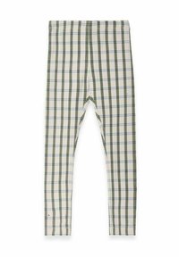 Leggings valmistettu joustavasta kankaasta, jossa on ruutukuvio vihreissä, sinisissä ja beigen sävyissä. Silkkinen pinta ja tiukka malli.