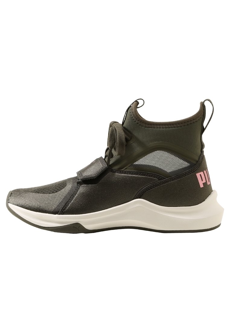 Black athletic sneaker with a stretchy upper, mesh side panels, and a pink logo on the heel. Features a cushioned white sole.