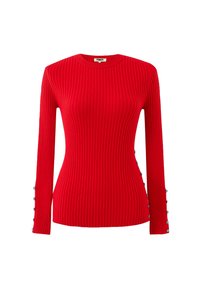 Rotes, geripptes Langarmoberteil mit Rundhalsausschnitt und Knopfdetails an den Ärmeln. Aus strukturiertem Strickmaterial gefertigt, um zusätzliche Wärme zu bieten.