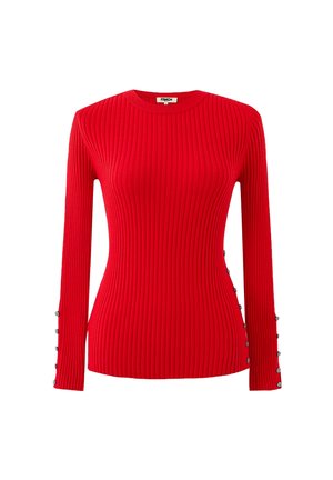 Rode geribde longsleeve top met een ronde halslijn en knoopaccenten langs de mouwen. Gemaakt van gestructureerd breimateriaal voor extra warmte.