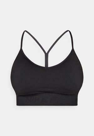 Μαύρο αθλητικό σουτιέν με λεπτές τιράντες, κατασκευασμένο από λείο ύφασμα. Διαθέτει πίσω μέρος σε σχήμα V και διακριτικό λογότυπο της μάρκας στη βάση της ταινίας.