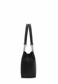 Black leather bucket bag with textured surface, featuring a chain-accented strap and a drawstring closure at the top.