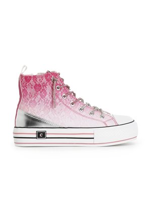 Hochschnittige Sneakers mit einer pinken Schnürsenkel-Overlay, silbernen Akzenten und einer weißen Gummispitze. Auffällig durch den Ombre-Effekt und die dicke Sohle.