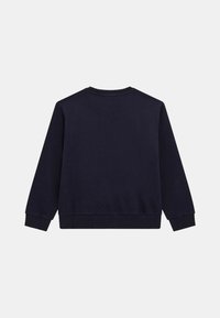 Sweatshirt bleu marine, en coton doux, col rond côtelé, manches longues, poignets et ourlet côtelés, design minimaliste, sans logos ni motifs visibles.