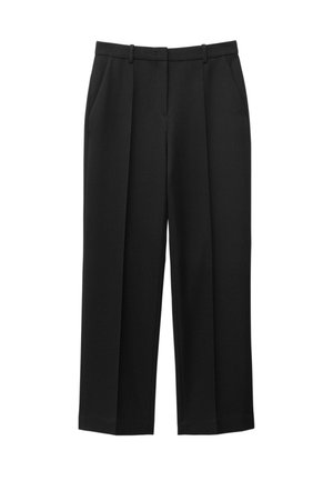 Sorte skræddersyede bukser med lige ben, bæltestropper og sidelommer, designet til formelt eller forretningsbrug.