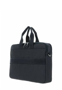 Sac pour ordinateur portable noir avec surface texturée, double poignées supérieures, fermeture zippée et une poche avant avec des sangles élastiques pour un rangement supplémentaire.