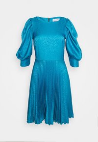 Robe courte à manches courtes de couleur sarcelle avec un motif léopard texturé, jupe plissée et manches bouffantes. Dotée d'une fermeture éclair au dos et d'un corsage ajusté.